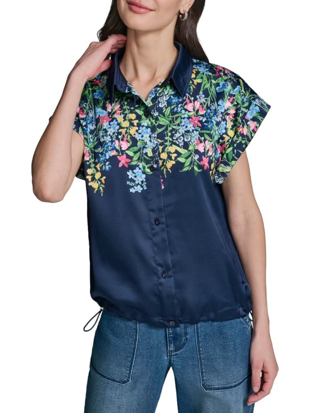 Floral Short Sleeve Camp Shirt with Collared Neck & Side Tie Detail for Women